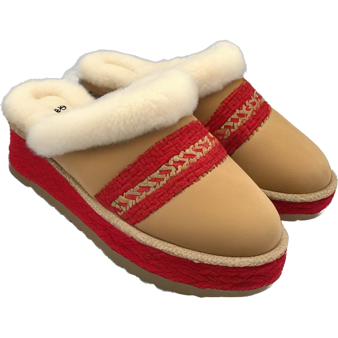Camel color chunky platform slip-on mule UGG slippers. thin red woven zig-zag trim line detail on the cuff emoji