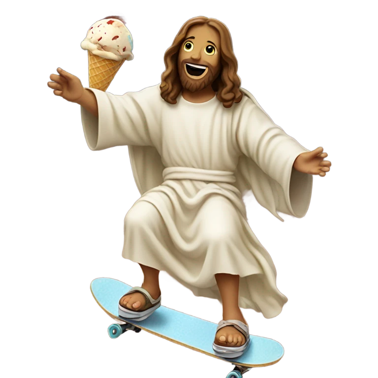 Jesus skateboarding while eating ice cream in outer space emoji