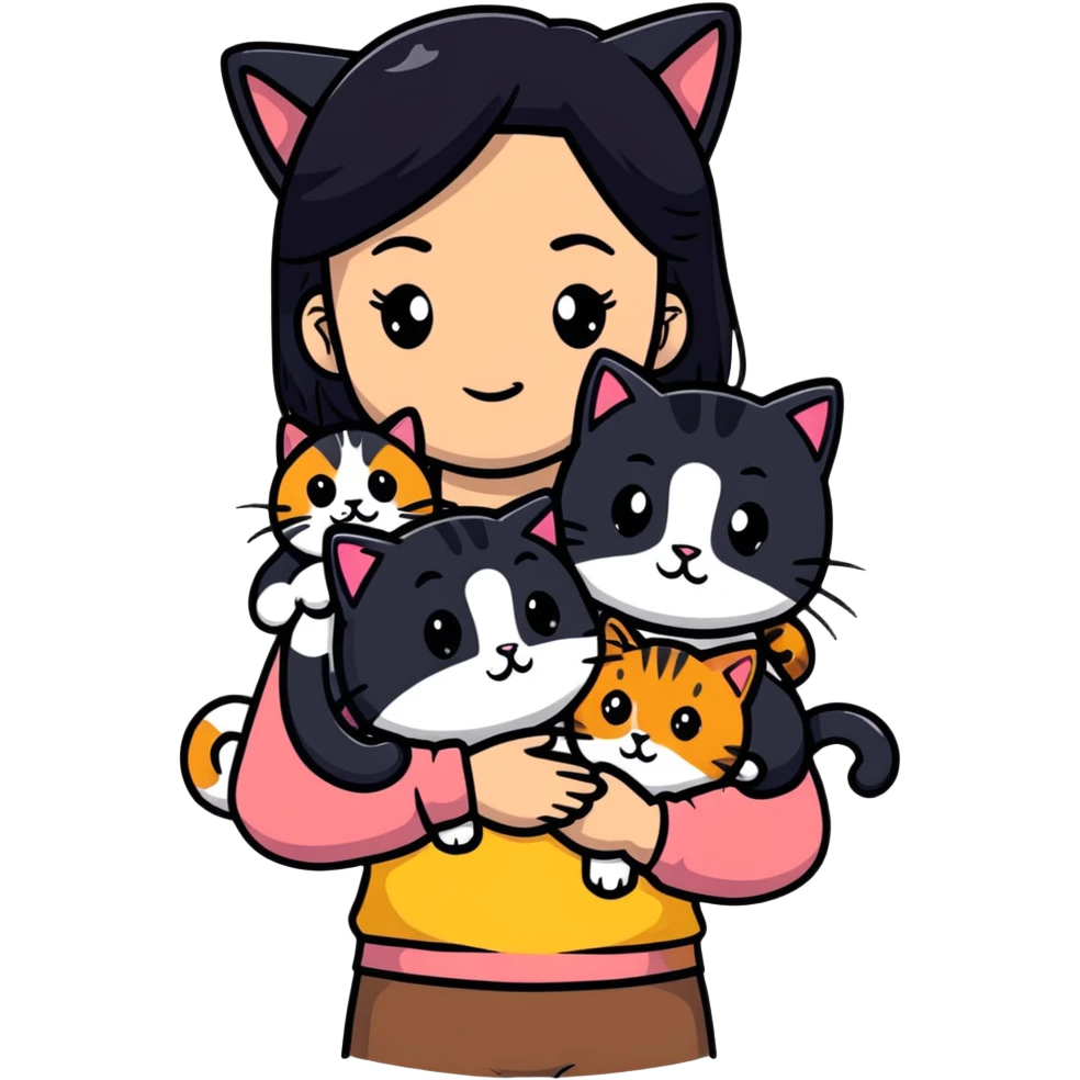 teenage girl with black hair with brown highlights with two cats that are tri-colored (black, orange, and white) emoji