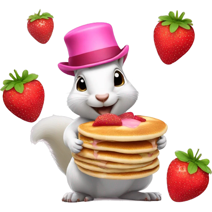 white squirrel wearing pink hat eating strawberry pancake emoji
