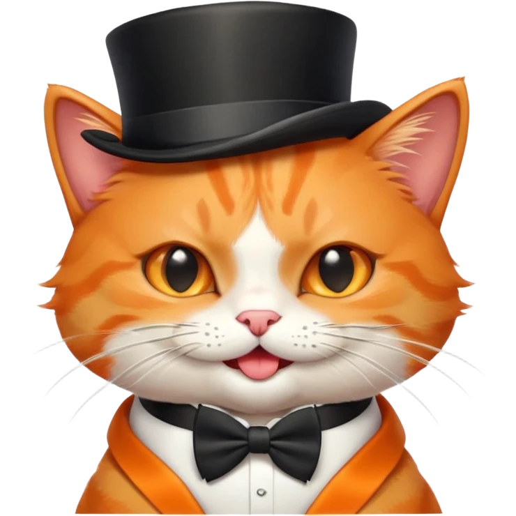 playful orange cat in a top hat and bow tie, winking emoji