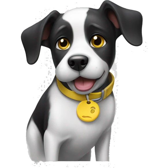 Black and white dog with one slightly floppy ear, and one year higher. She has a yellow collar with a round tag. Her mouth is closed. emoji