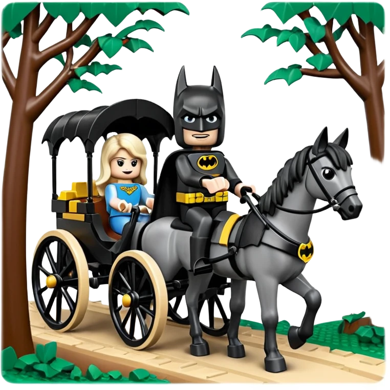  Ultra cute  Lego detailed 1854 Batman and pretty Catgirl driving a horse drawn family-size Caravan alone together on a romantic trail in the woods  emoji