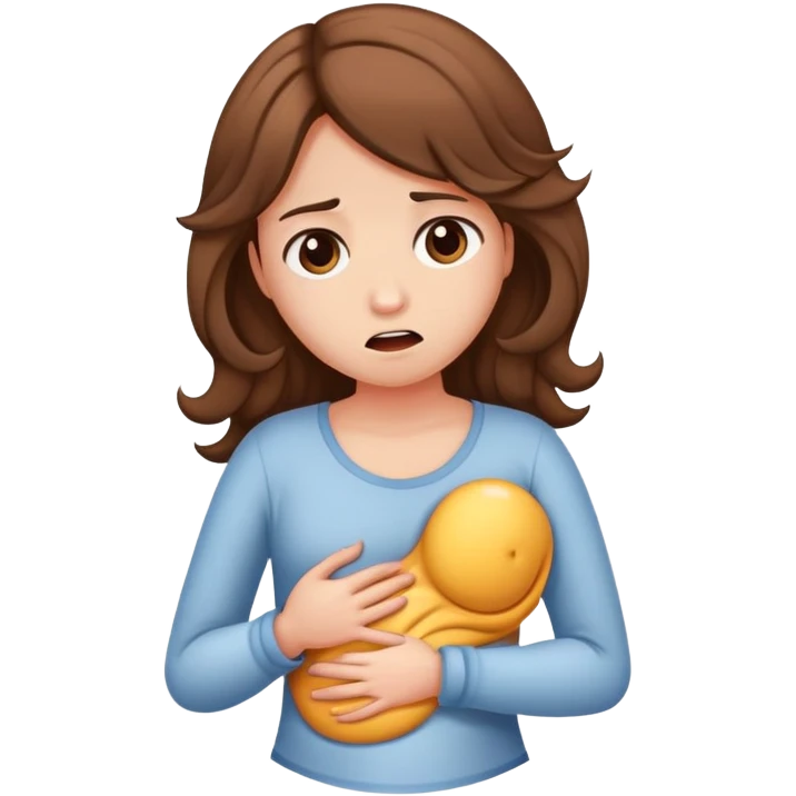 Girl with curled brown long length hair holding stomach in pain emoji