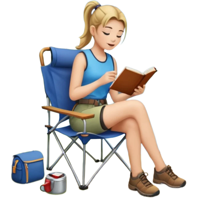 A pony tail hair woman journaling on a camping chair, enjoying the quiet nature scene. emoji