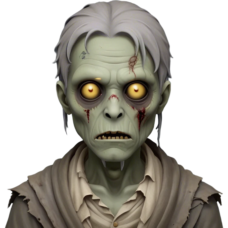 Cinematic Noble Zombie Portrait Emoji, Surprisingly dignified and somber, with a decaying yet strangely regal visage in ashen grays and muted tones, draped in tattered attire hinting at a lost grandeur, simplified yet meticulously detailed, glowing with a soft, eerie radiance and a gentle outline that evokes the tragic nobility of the undead! emoji