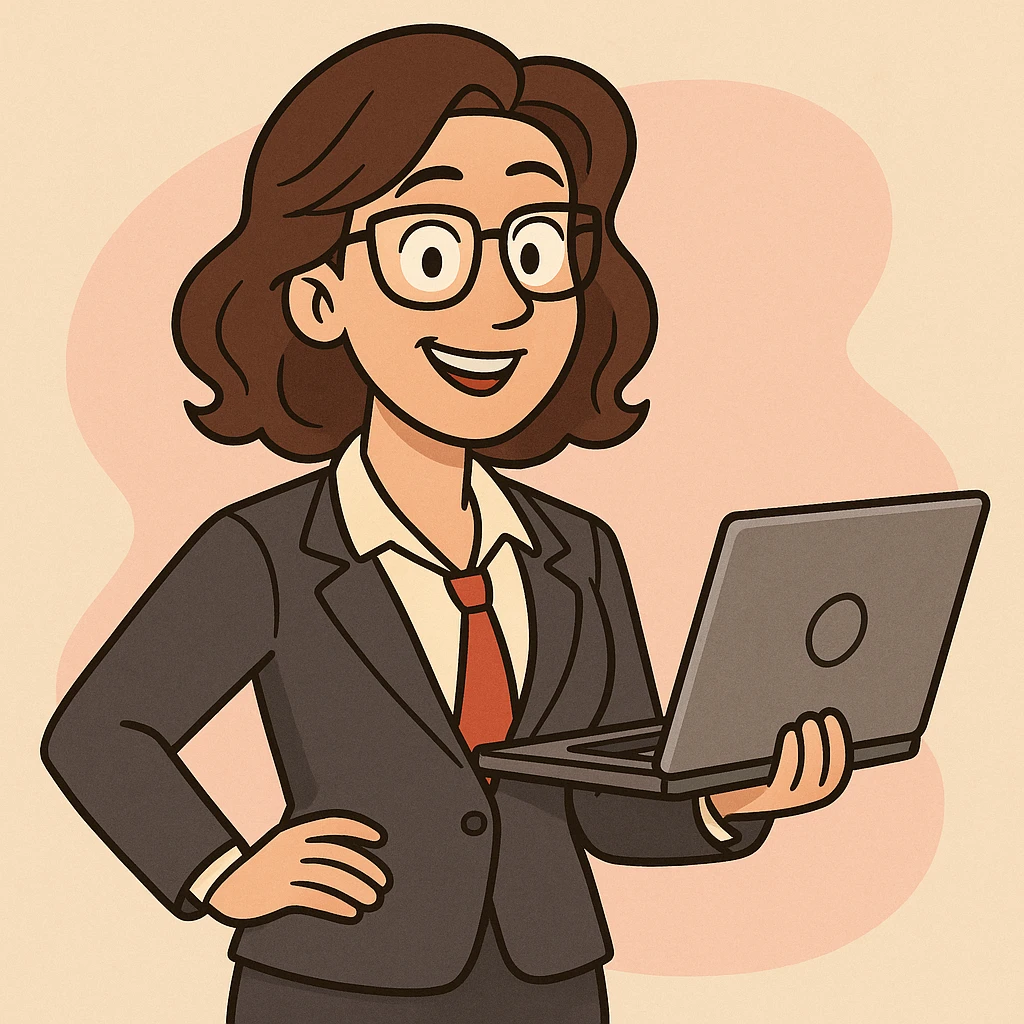cartoon style female financial expert, friendly, with laptop, business outfit emoji