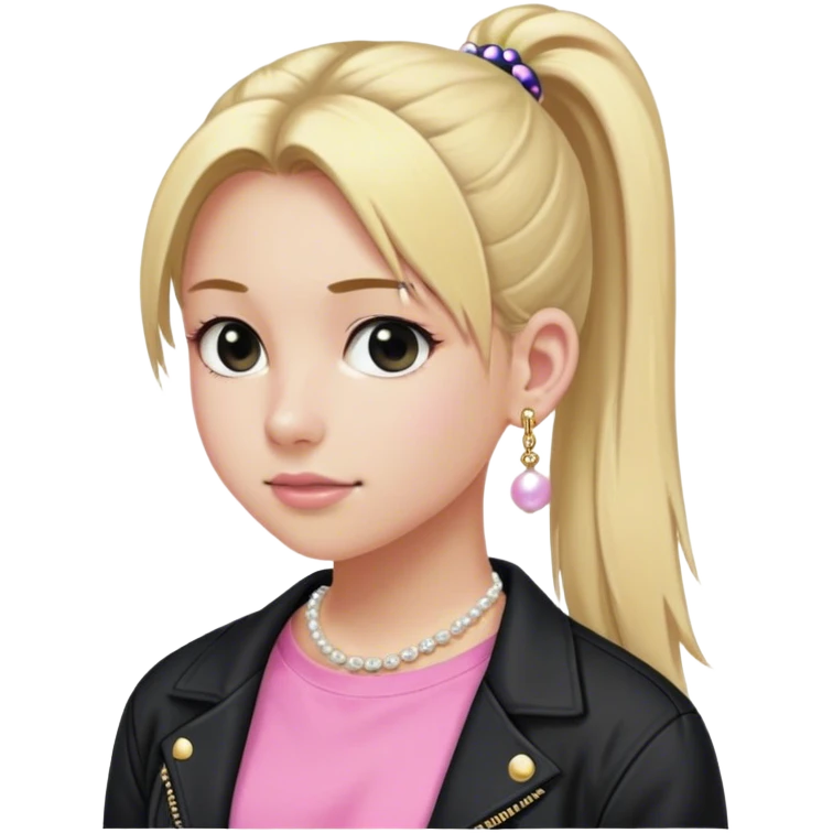 High school white girl with long blonde hair hair tied into a ponytail. Wearing a pink tee shirt with a black jacket and pearl stud earrings. She’s also wearing a short, dainty and girly (maybe 16”) gold chain emoji
