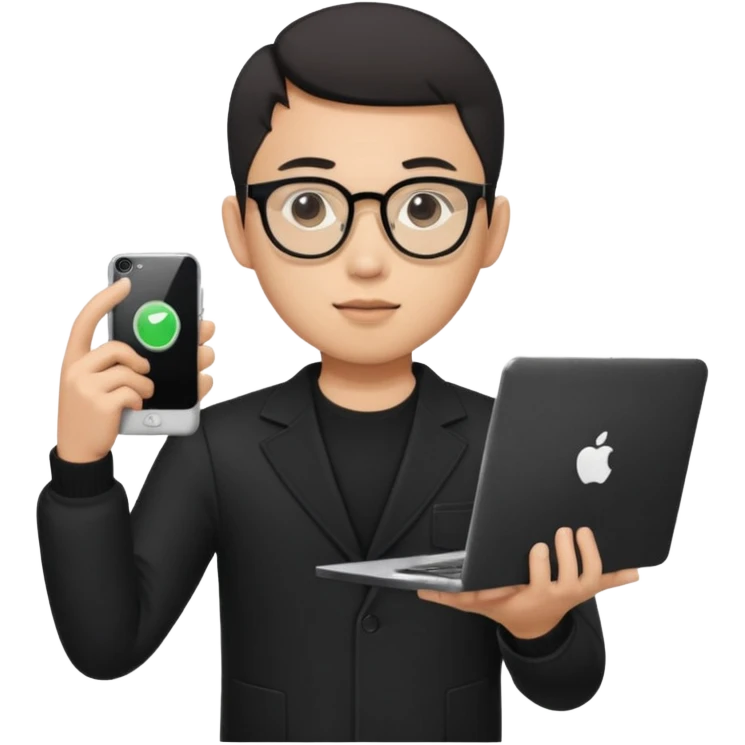 a asia man guy his 20s wearing an apple notebook, wearing bodyguard radio operator, round glasses, blAck clothes emoji