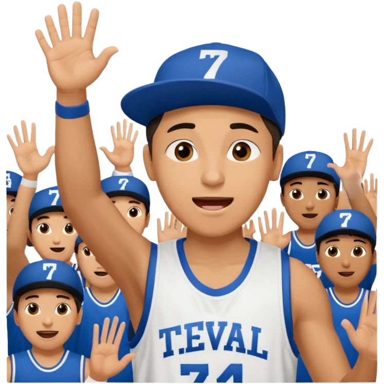 Maverick Trevillian in the crowd at an amateur basketball game. He leans towards the camera and enthusiastically shouts "six seven while performing a distinctive hand gesture: both hands open, palms facing upward, moving up and down as if weighing two options. emoji