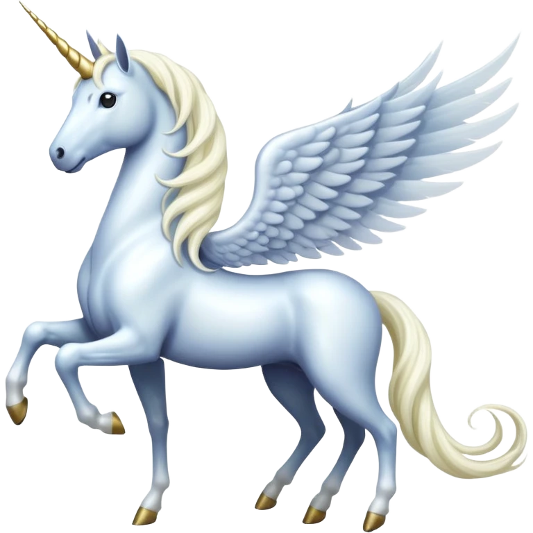 All white Cinematic Noble Unicorn with wings, slender with a flowing mane and tail and spiraled horn emoji