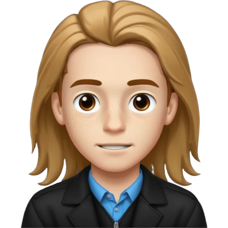 Un chico con pelo largo, que le llegue hasta las cejas, tiene pecas, brackets, ojos cafés oscuros y con una chaqueta negra emoji