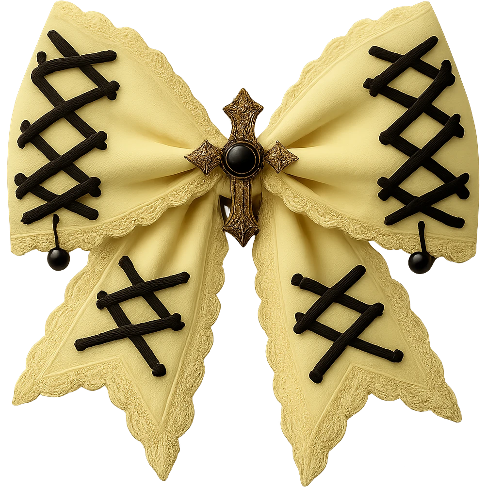 Make the gothic bow and accessories pastel yellow, keep lace and velvet details, photorealistic style, keep background transparent. emoji