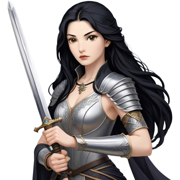 Cinematic Realistic Mulan Portrait, depicted with lifelike skin texture, soft natural lighting, and intricately detailed long black hair styled elegantly. Her deep, expressive eyes exude determination and grace, complemented by a serene yet confident expression. She stands with one hand resting on the hilt of her sword, the other by her side, exuding strength and poise. She is dressed in her classic attire, with rich fabric textures and delicate folds that catch the light beautifully. The portrait features a soft, enchanting glow with a natural, radiant finish, capturing the essence of timeless strength and beauty in a realistic and painterly style, evoking a sense of depth and authenticity. emoji