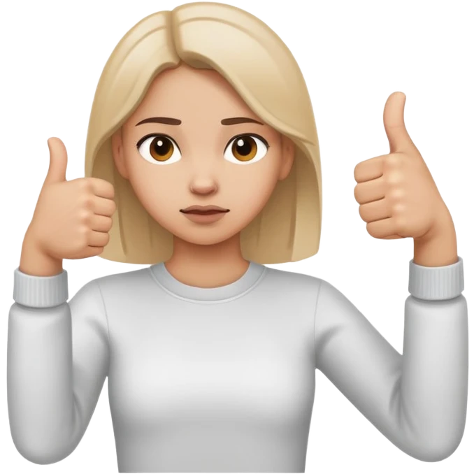 Girl showing conflicting opinions with one hand giving definite thumbs up and other hand giving definite thumbs down, uncertain facial expression emoji