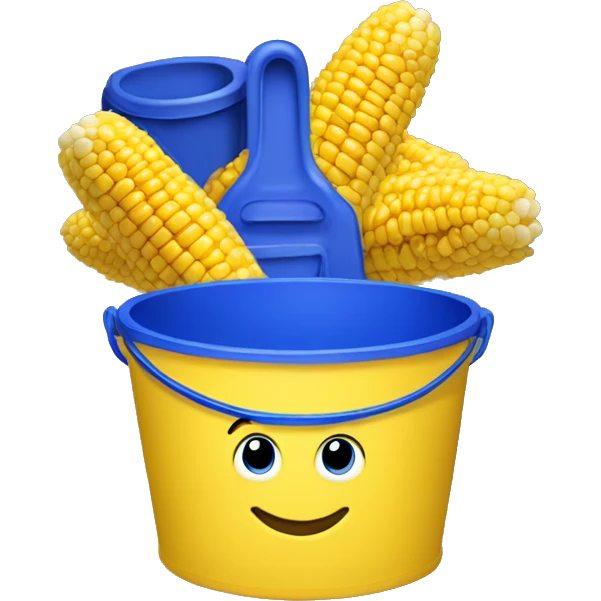 Yellow bucket with royal blue top with the words “corn starch” emoji