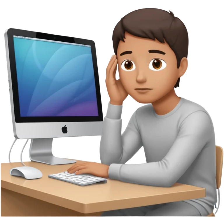 emoji of a man sitting at the table with an imac on it, a man is sitting in a very thoughtful pose, he has his hands on the table and his head resting on themб he look into the screen of imac emoji
