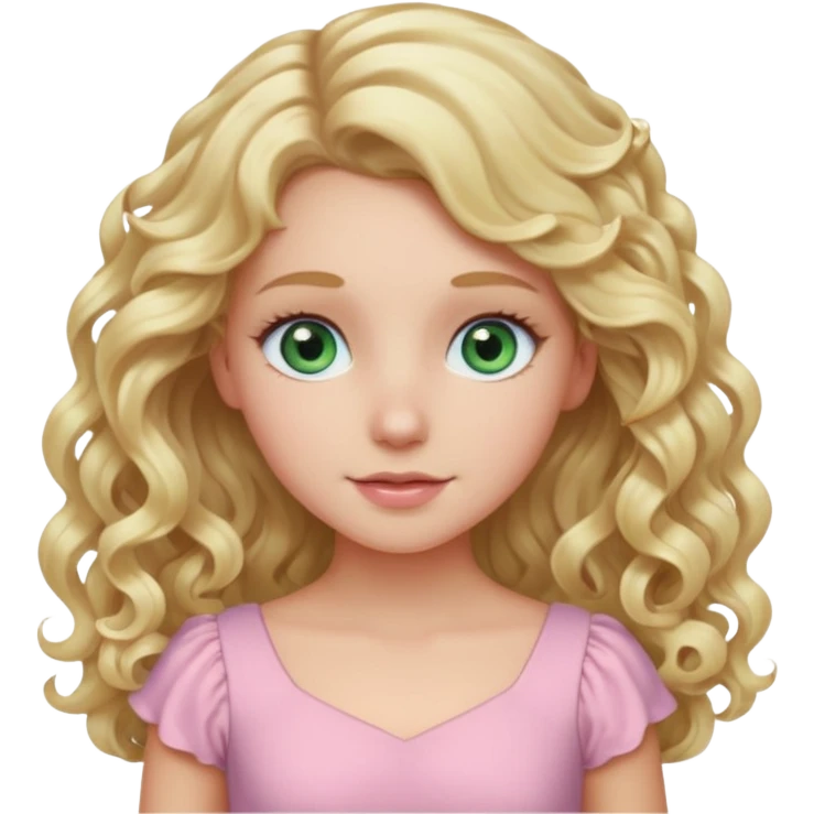 A white girl with long blonde curly hair and blue and green eyes wearing light pink emoji