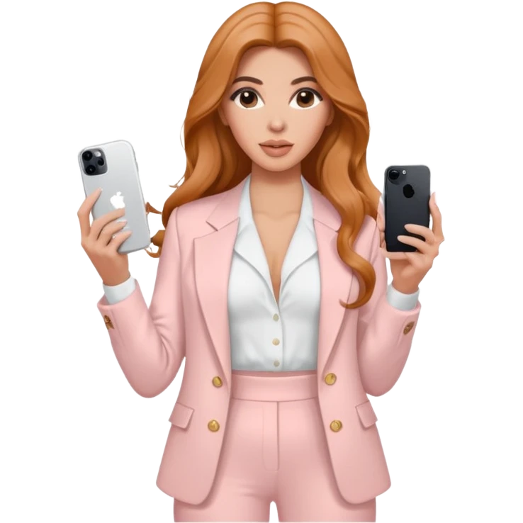 pale skin Kim Kardashian with ginger wavy long Hair, light pink  Spacious classical jacket, light pink palazzo Arrow pants and white blouse holding white IPhone 15 pro in the hands emoji