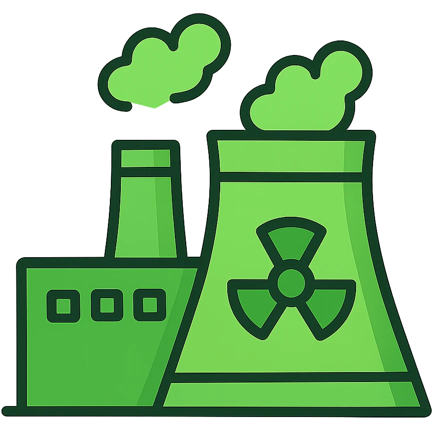 minimal flat icon of a nuclear power plant with cooling towers, simple shapes, green energy vibe emoji