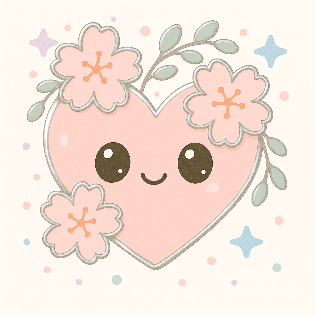 Make the silver details on the heart with sakura more prominent in kawaii style. emoji
