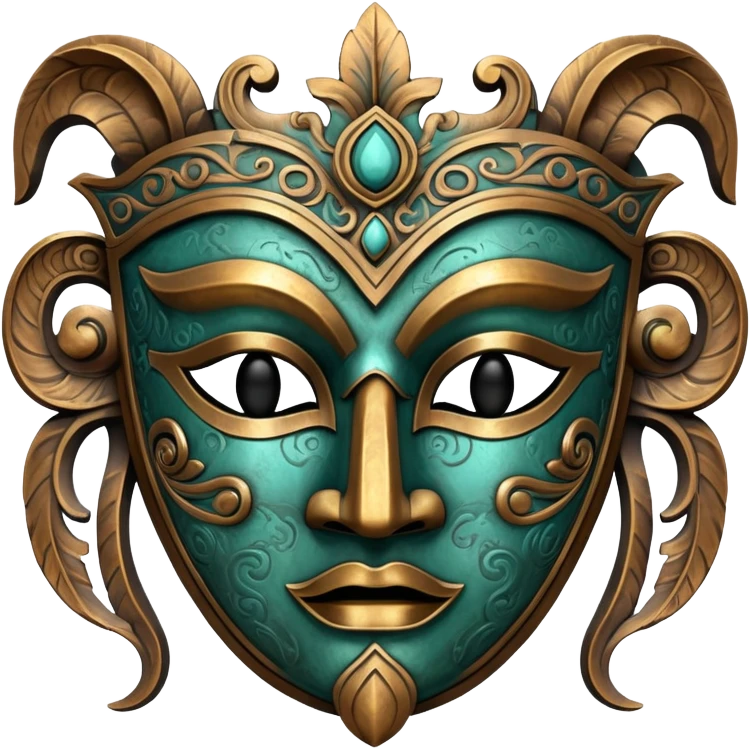 ancient mask, bronze with patina, ornate carvings emoji