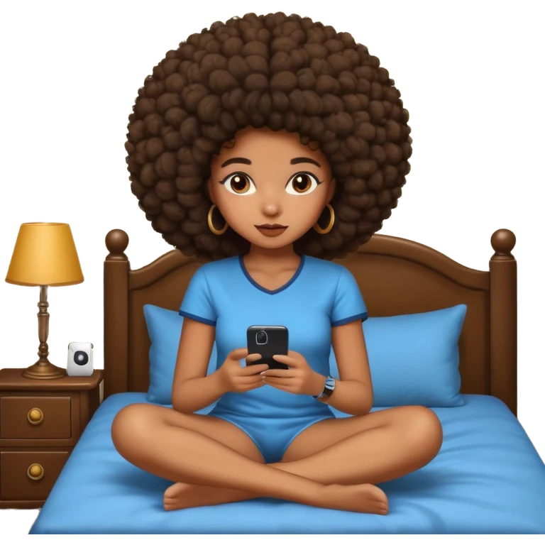 a slim thick black girl sitting on her bed with a big afroon her phone emoji