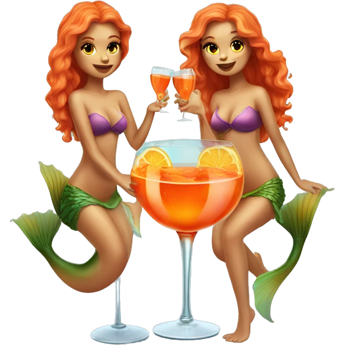 Three beautiful bright skin mermaids drinking aperol emoji