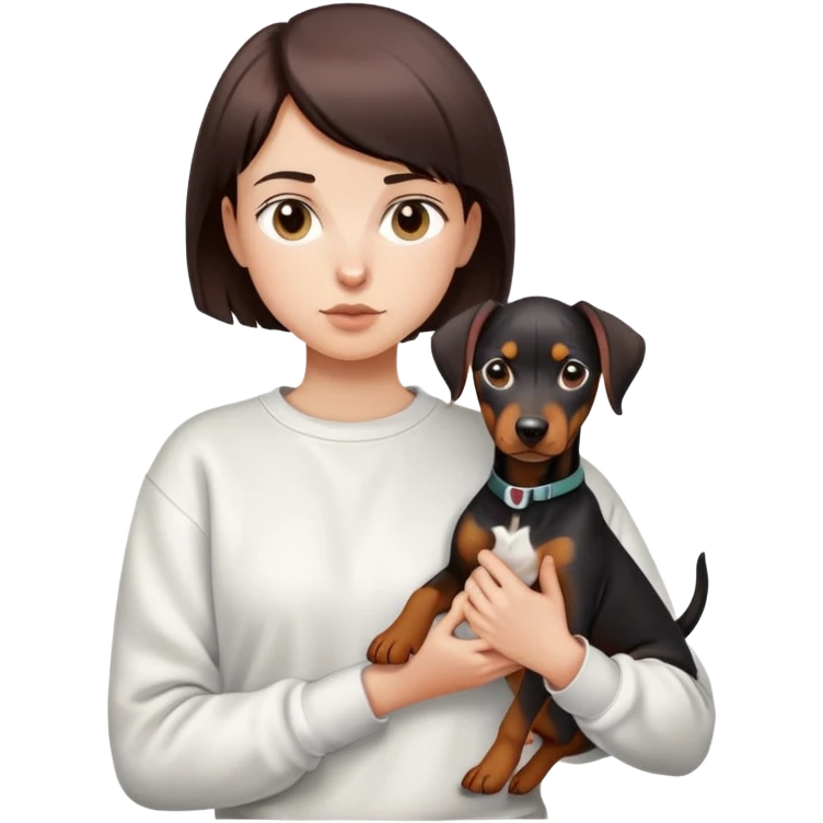 A short-haired girl in a white sweatshirt holding a Doberman emoji