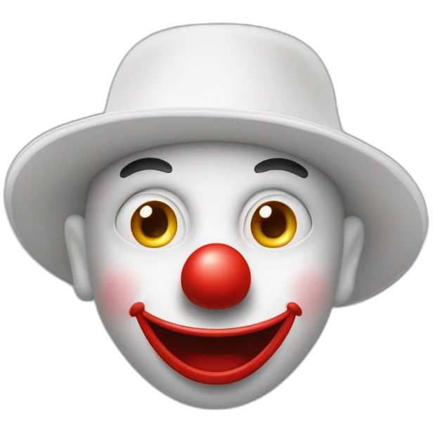un clown avec nez rouge, sourcil arqués juste qu’en bas de ces yeux ovales des longues  boucles blondes et un long chapeau haut de forme   emoji