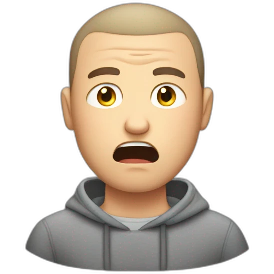 tired white man with buzz cut in gray sweatshirt is terrified emoji