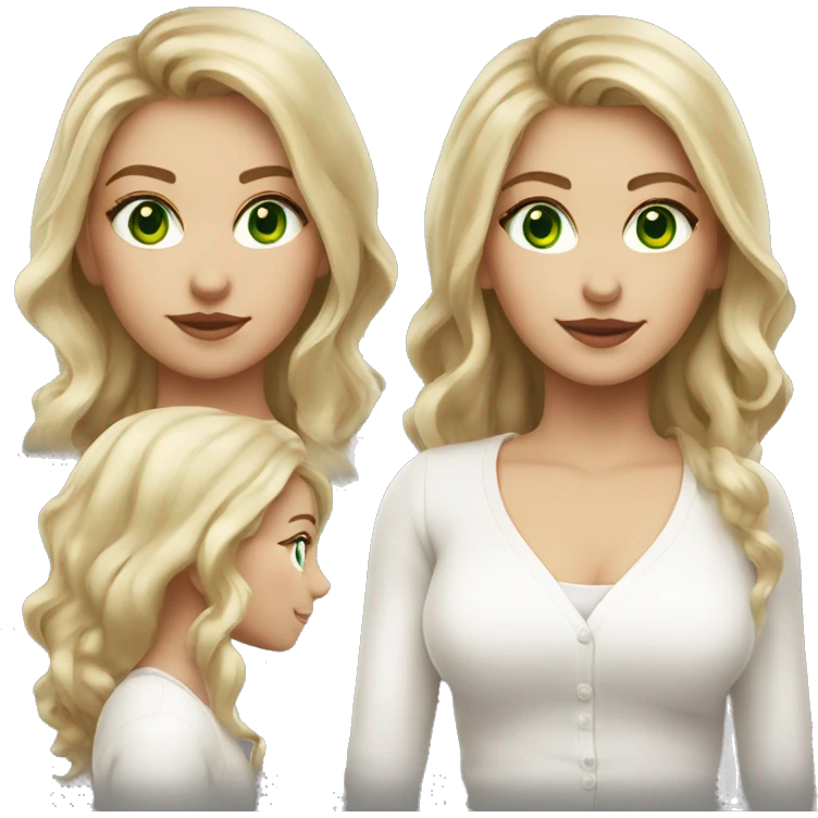 blonde balayage hair woman, green eyes, white cardigan white shirt  emoji