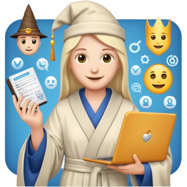 wizard in a robe, holding a resume and a laptop, with engineering icons, emoji style emoji