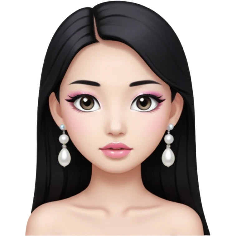 asian long black hair silver grey eyes glossy lips glittery white and light pink eyeshadow girl pearl earrings emoji