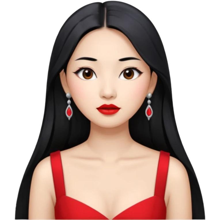 30 yr old asian woman, middle parted straight long black hair, very pretty, fancy grey dress, earings, red lipstick, silver earings emoji