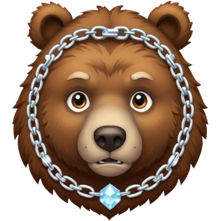 Fierce brown bear walking on four paws with an ice chain necklace, frozen chain links made of crystal clear ice, serious face emoji