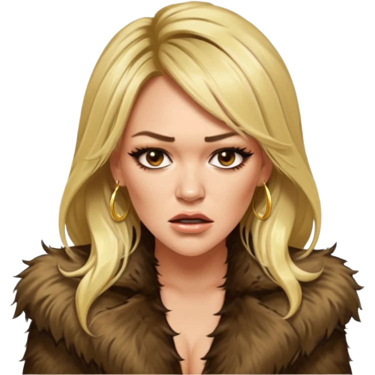Cinematic Realistic Ultra HD - very Angry High Nose - Glamor Plunge Hilary Duff Extreme Long Long Hairstyle in Shaggy Fur Coat with Gold Flash emoji