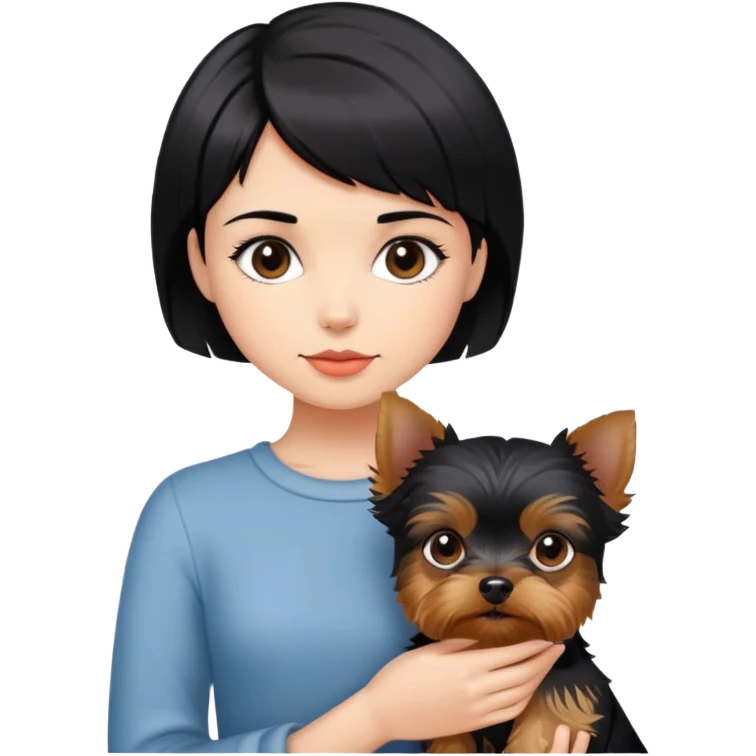 A beautiful girl with short black hair holding a Yorkshire Terrier emoji