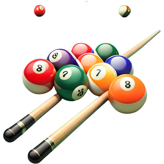 Two crossed pool cues resting on a billiard table, with colorful billiard balls scattered across the surface. The background features the felt of the table, creating an inviting atmosphere for a game of precision and strategy emoji