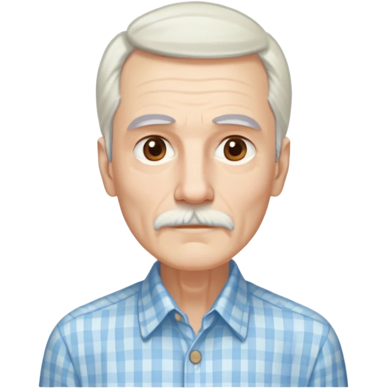 Skinny man in his 70s with fair skin. Long narrow face. Gentle light brown eyes. Long, flowing straight white hair reaching past shoulders, with light bangs. Thin eyebrows. White goatee connected to mustache. Slender appearance. Wearing a light blue and beige checkered button-up shirt. emoji