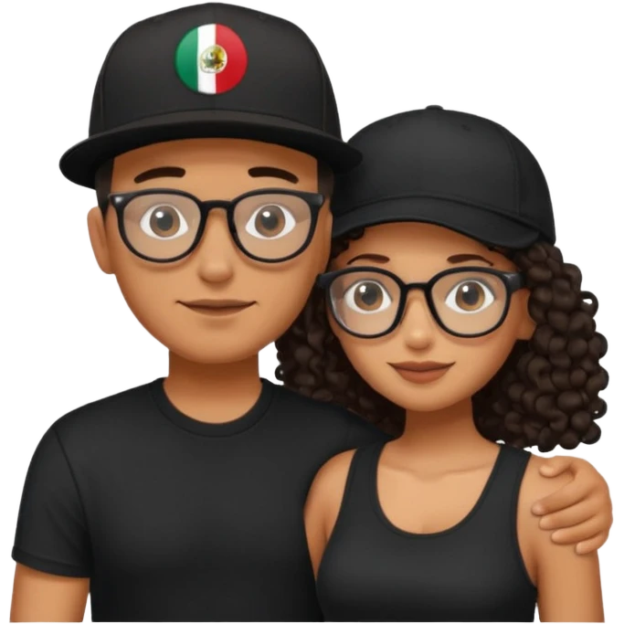 A picture of an embracing tanned couple. the man is a Mexican man with tanned skin, with a bald hair cut wearing a SnapBack hat and a black shirt. the woman wearing black glasses, with long curly dark brown hair and with big boobs.  emoji