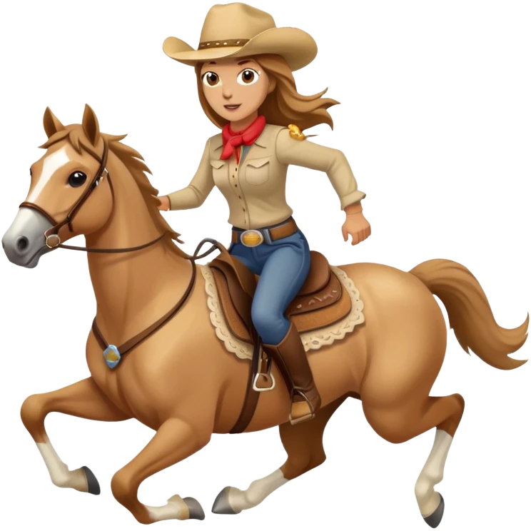 palomino horse running with a woman rider with brown hair and a cowboy hat emoji