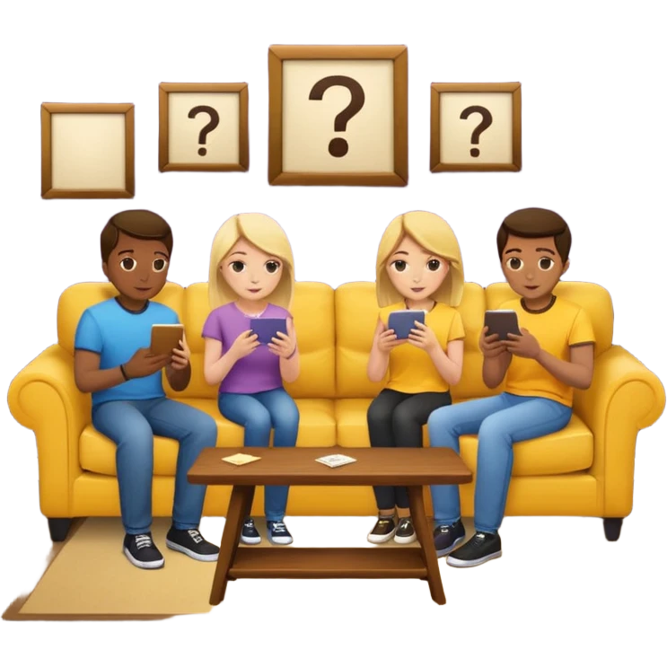 group of friends on couch playing a trivia game couch should be deep dark yellow color.  include a small wooden table in front of the couch as well emoji
