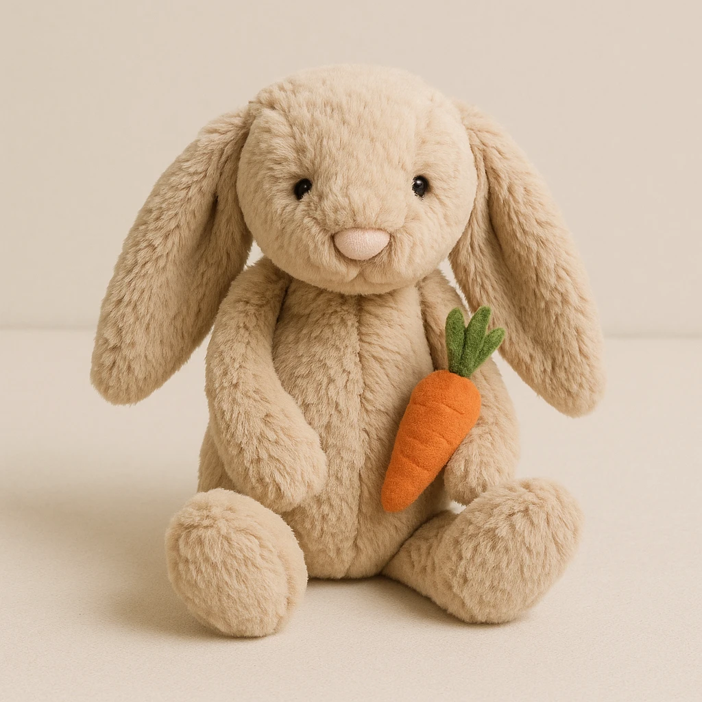 jellycat bashful bunny plush toy in beige, holding a small carrot, neutral background emoji