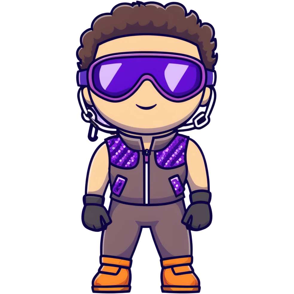 close-up of bad guy male athlete with white skin and moderately curly dark brown hair on top with shaved sides, wearing ski goggles with purple frames and very dark black lenses, a simple plain black chain necklace, and a completely unzipped sleeveless vest with purple and black sequin fire pattern design with no logo, with an extremely arrogant expression sticking his tongue out mockingly, looking menacing and villainous emoji