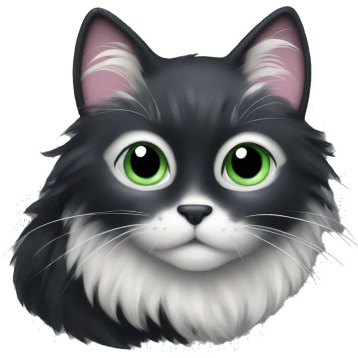 fluffy black cat with white spot on month emoji