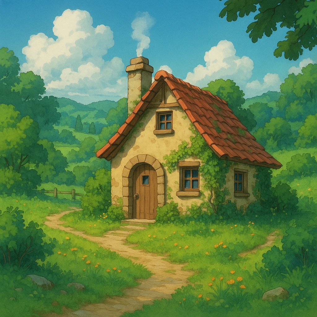 cozy cottage in a lush landscape, ghibli style emoji