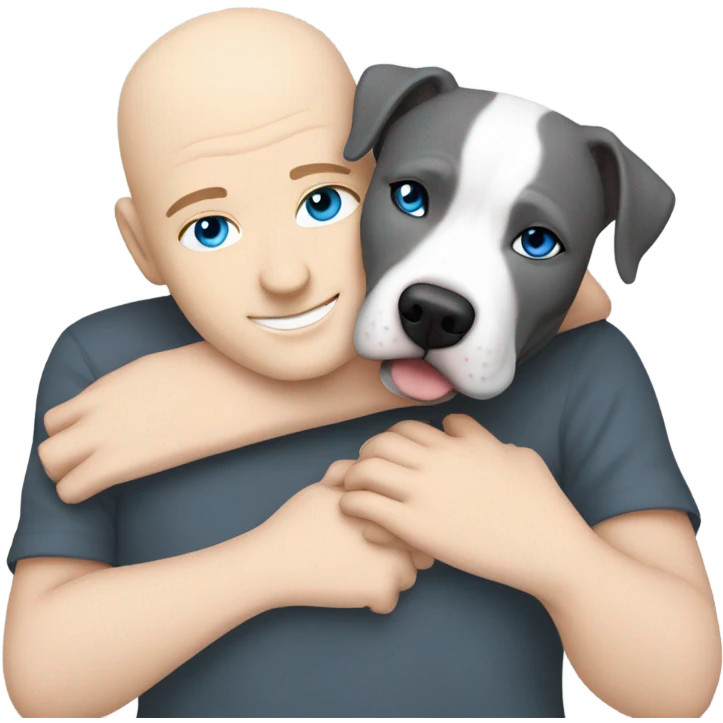 white bald man with blue eyes hugging dark grey no white staffordshire terrier  emoji