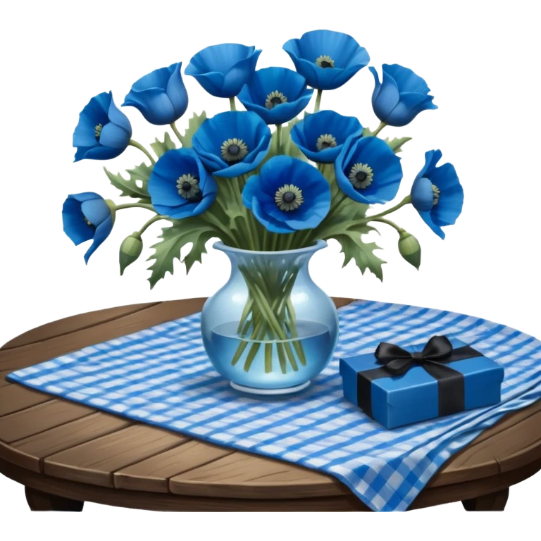 A lush bouquet of bright blue poppies black satin ribbon, resting on an antique wooden table, with a pale blue plaid pattern table cloth emoji