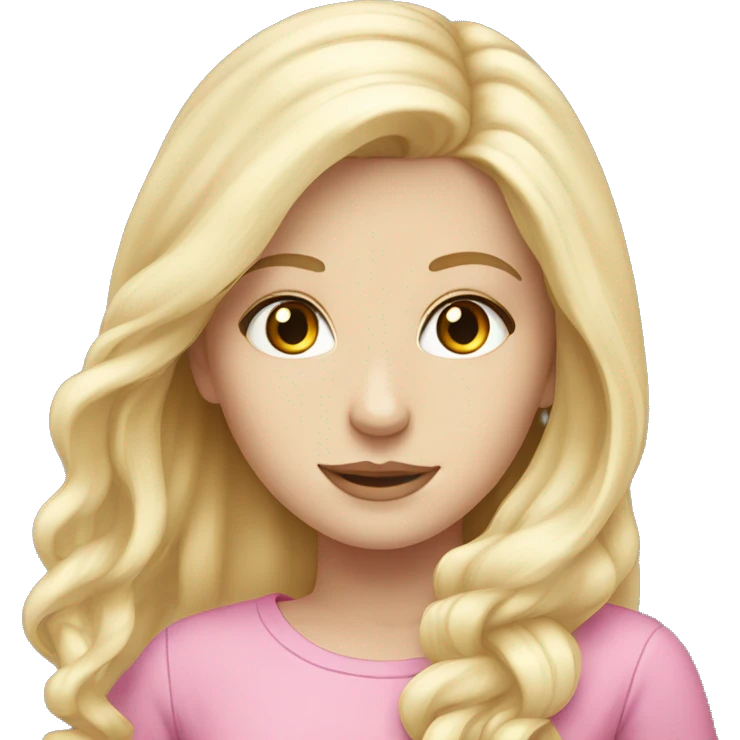 White girl, blond long hair, grey eyes, pink,  emoji
